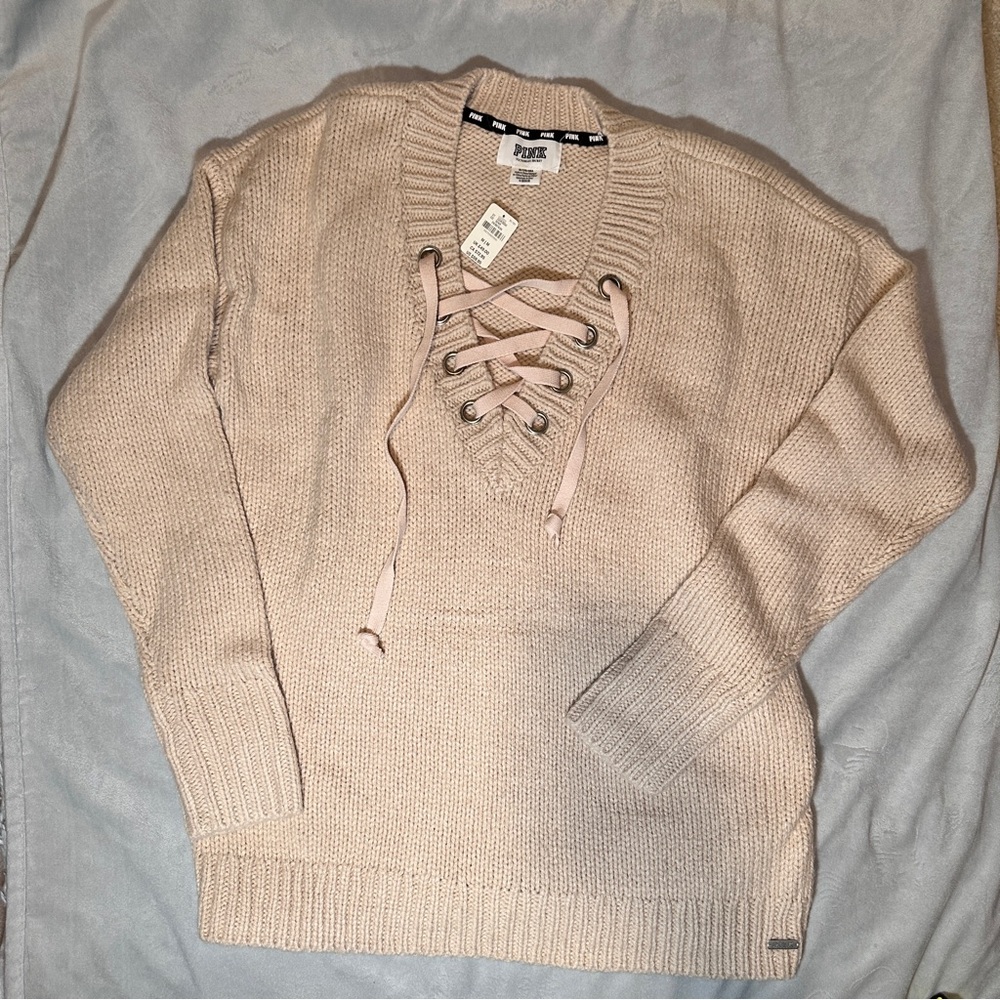 PINK Victoria's Secret Lace-Up V-Neck Sweater - Light Beige/Pink